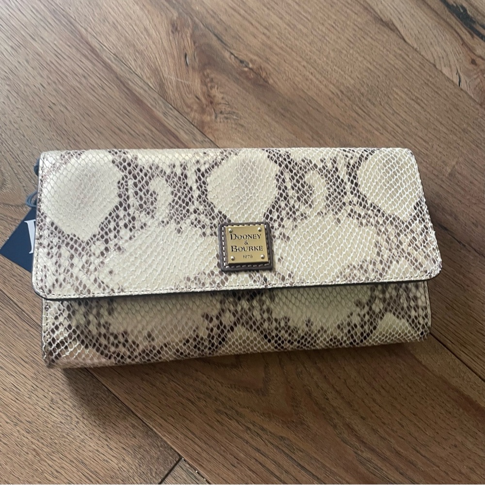 Dooney & Bourke Cream and Brown Snake Print Wristlet